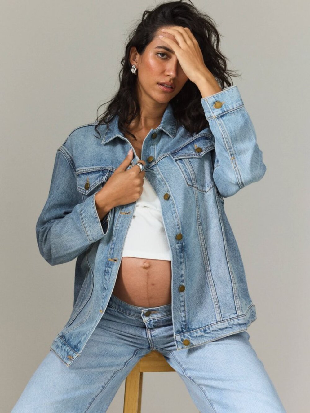 Hatch The Classic Maternity Jean Jacket Size Medium, Light Wash Denim